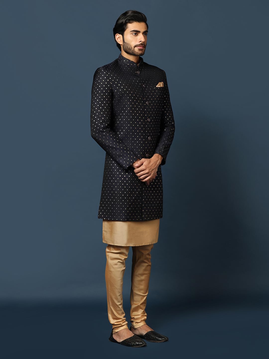 Kisah Men's Navy Blue And Golden Indo-Western Kurta Sherwani Churidar Set Cotton Full Sleaves, Knee Length, Straight, Regular Fit, Mandarin Collar Ethnic Wear