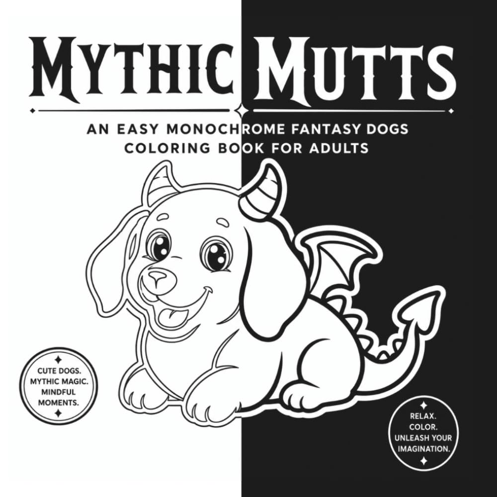 Mythic Mutts: An Easy Monochrome Fantasy Dogs Coloring Book for Adults | Thick Lines and Heavy Black Voids for Stress Relief and Single-Marker Focus (BOLD & EASY MONOCHROME)