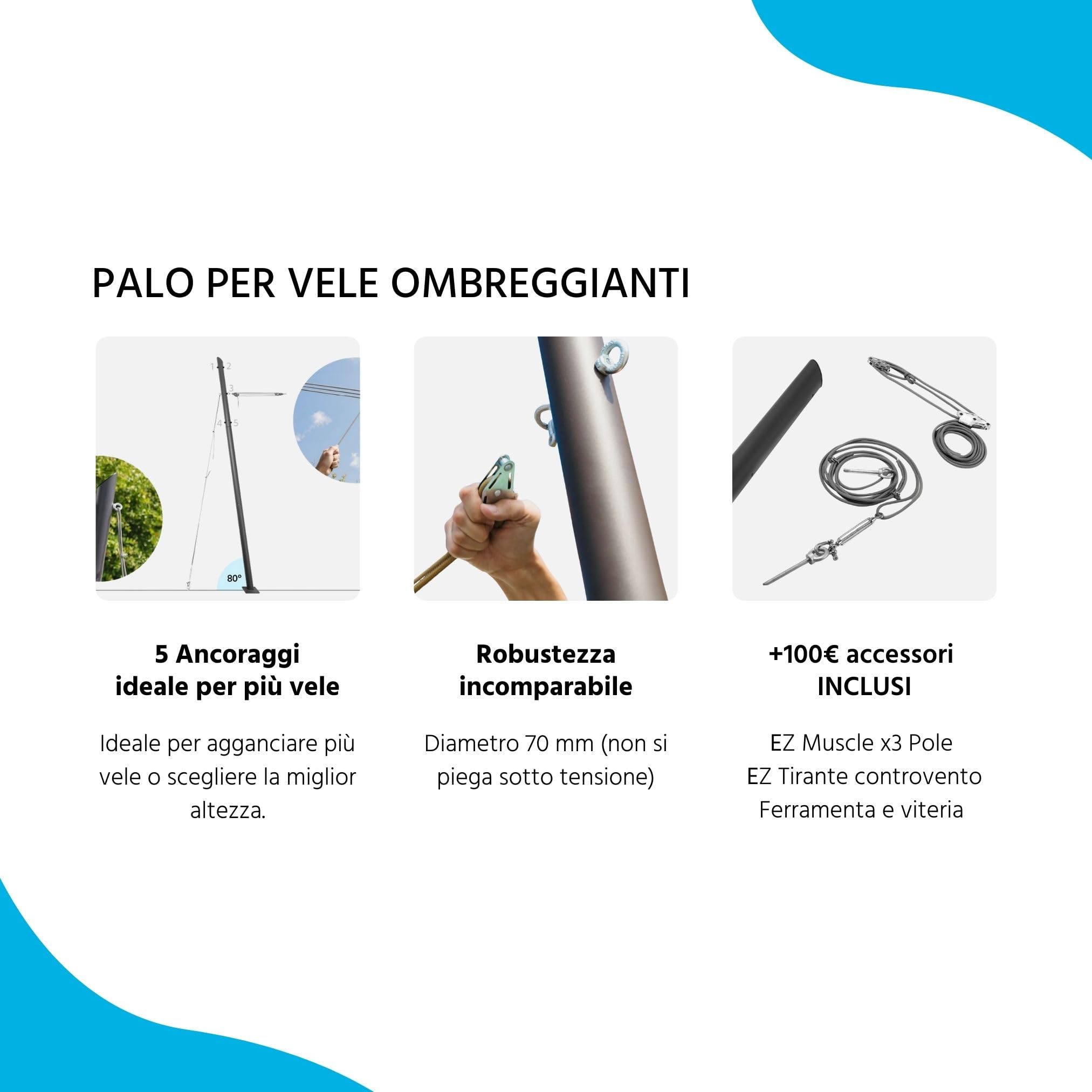 EZ Mast 260cm Palo per vela ombreggiante con 5 punti di ancoraggi/occhielli in Acciaio Zincato/Sistema multivela e Ø70mm - Include Accessori, Zinco - Inclinazione 80°
