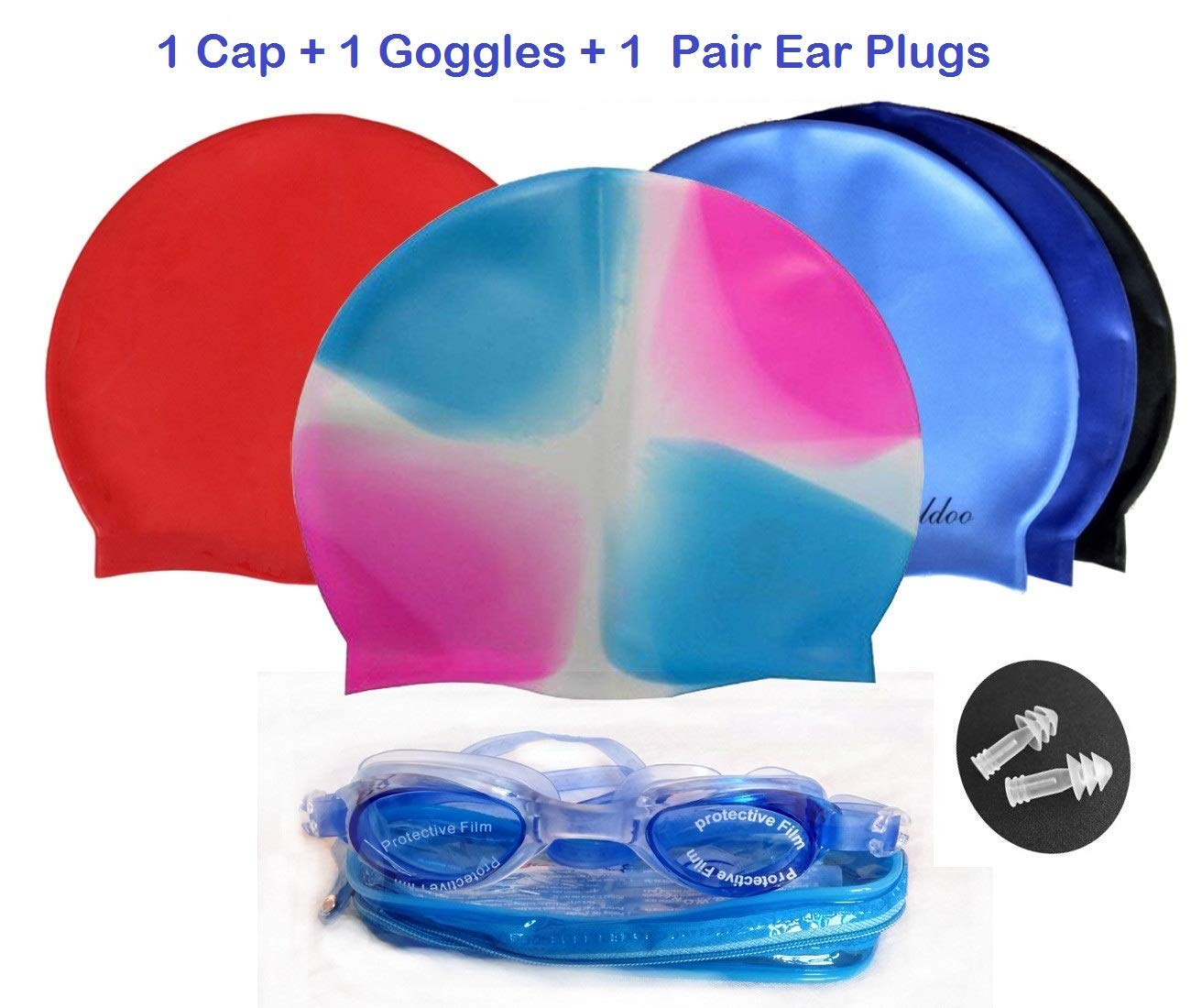 Raaya Waterproof Silicon Water Swimming Cap with Swimming Goggles +Ear Plugs Swimming Accessories Combo Set for Kids and Adults Perfect Summer Combo Gift Pack Pack of 1 (M17) (B07RVJ4BLT) Amazon Price History, Amazon Price Tracker