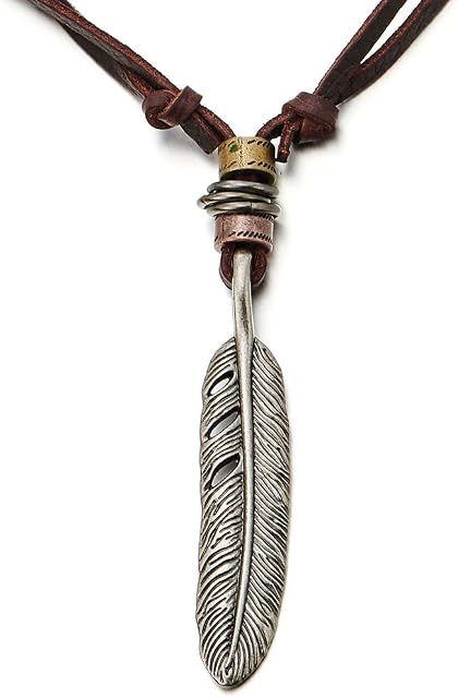 COOLSTEELANDBEYOND Retro Style Feather Pendant Unisex Necklace for Mens Womens with Adjustable Leather Cord