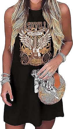 Nashville Music City Mini Dress Women Country Music Rock Band Sleeveless Dress Vintage Guitar Wings Graphic T Shirts Dress