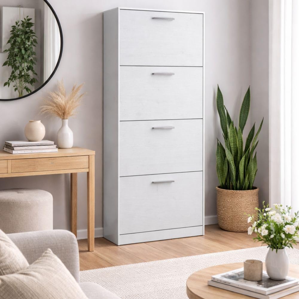 ZIK - Scarpiera Salvaspazio Slim in Legno (63x24x154) Doppia profondità Scarpiera da Ingresso Verticale 4 Ante, Moderna, Scaffale Scarpe di Design Adatti a Vari Stili di Arredamento (Bianco)