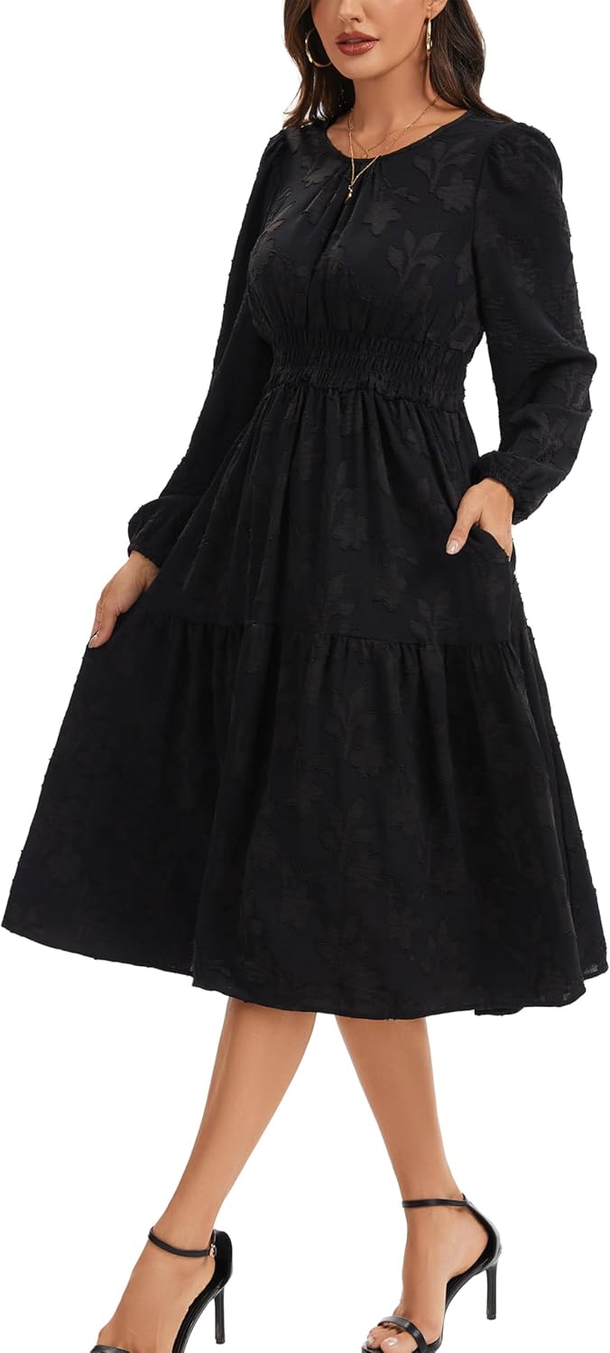 Kormei Women Casual Boho Floral Long Sleeve Midi Dress Round Neck Smocked Waist Tiered Flowy Fall Swing Short Dresses - Image 4