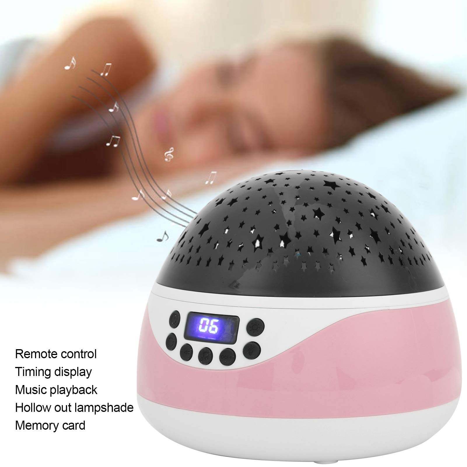 de Luz Nocturna con Control Remoto y Música para Niños, Pantalla LED, Rotación de 360 ​​grados, Material ABS, 14,5x14,5x13,5 Cm (Rosa)