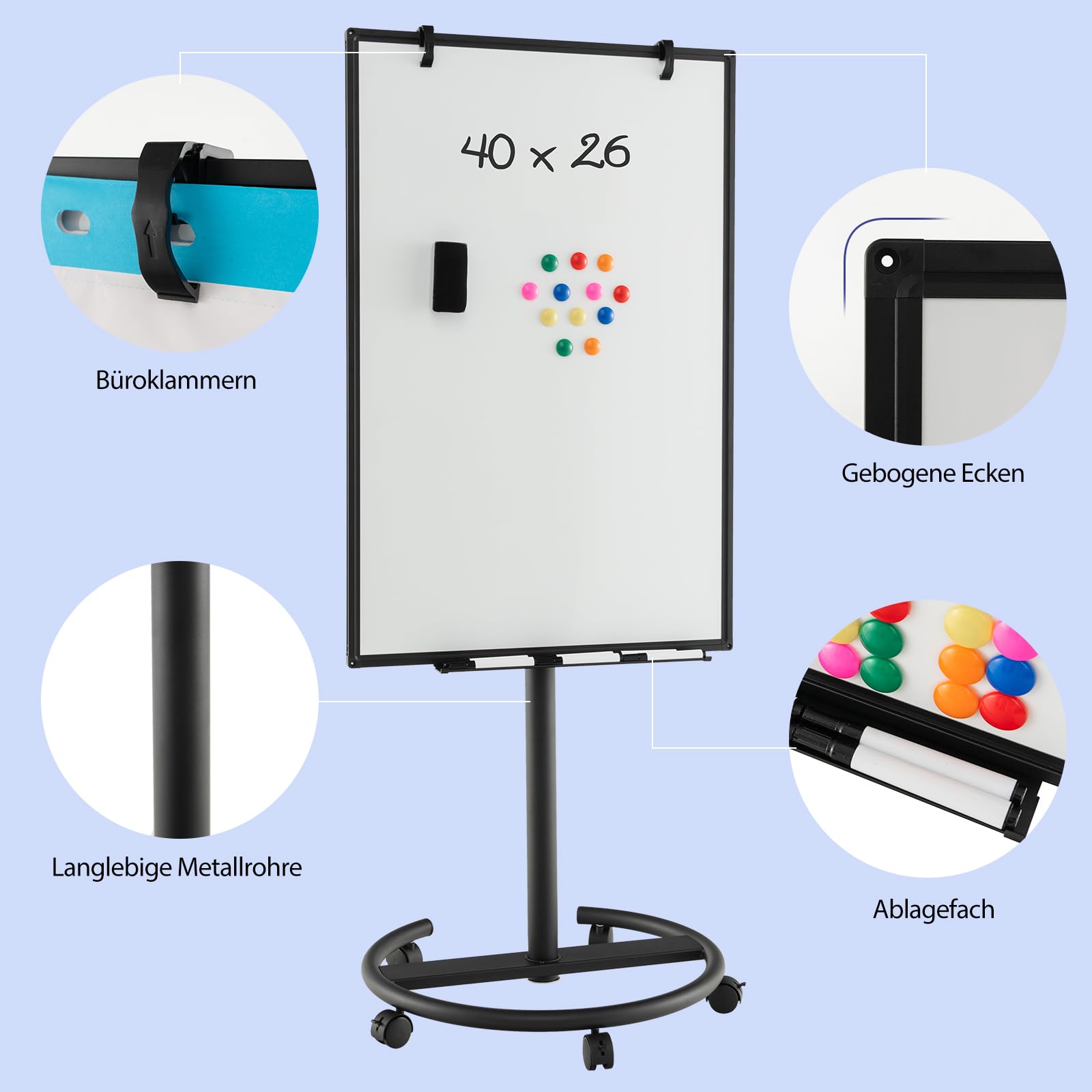GOPLUS Flipchart Ständer, 100 x 65cm mobiles Whiteboard auf Rollen, Trocken asbwischbar, Flipcharts Whiteboard höhenverstellbar mit Rundfuß, Haken, Marker, Magneten, Papier, Radiergummi (Schwarz)