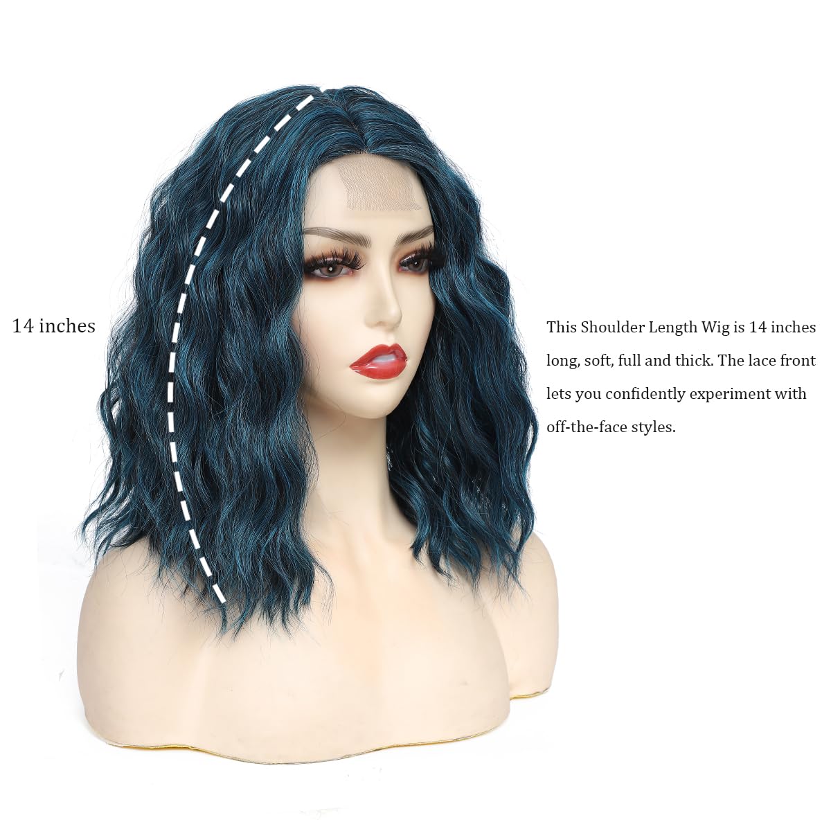BUYOGET Medium Short Wig Wavy Bob Wig Realistic Natural Lace Front Scalp Adjustable Synthetic Shoulder Length Curly Wigs for Women Blue - Image 2