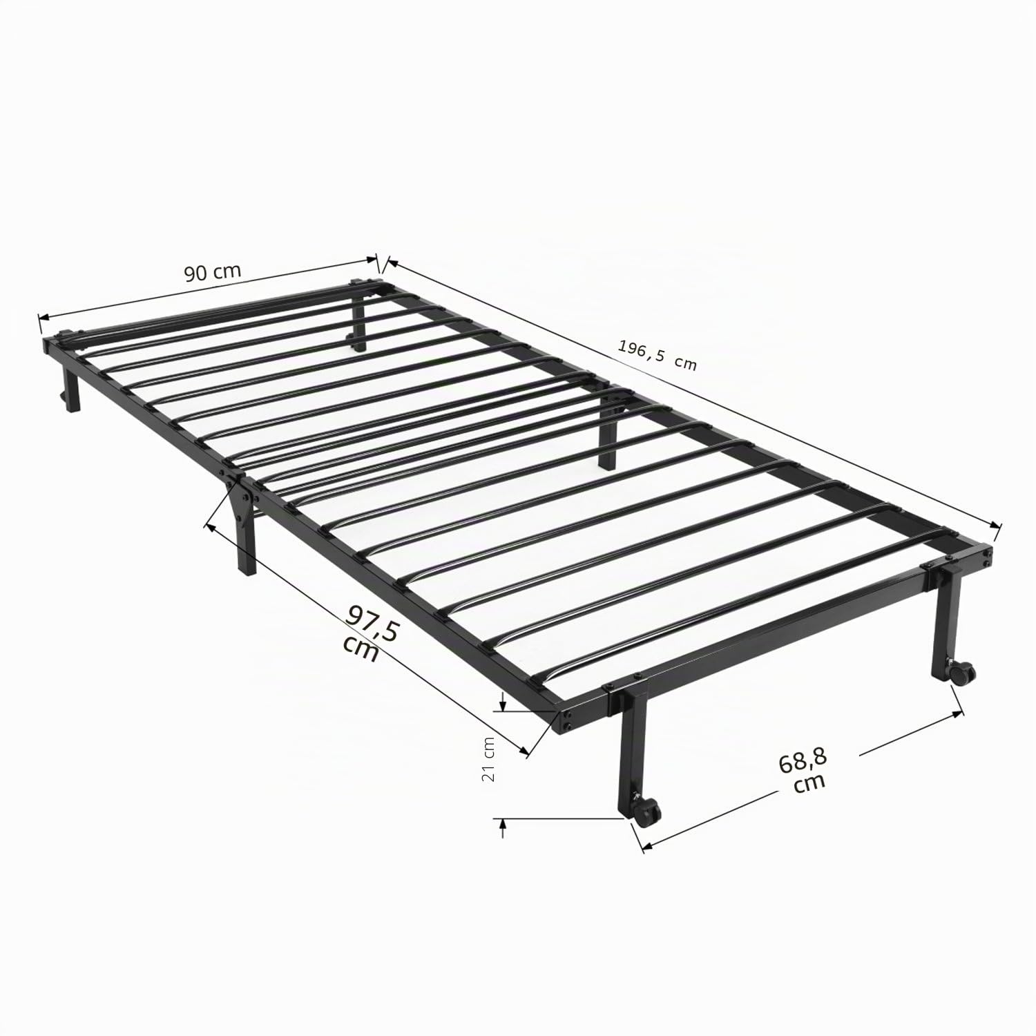 setsail Cadre de lit simple pliable en métal de 90 x 190 cm, lit d'appoint portable avec 4 roues, convient pour matelas de 90 x 190 cm, noir
