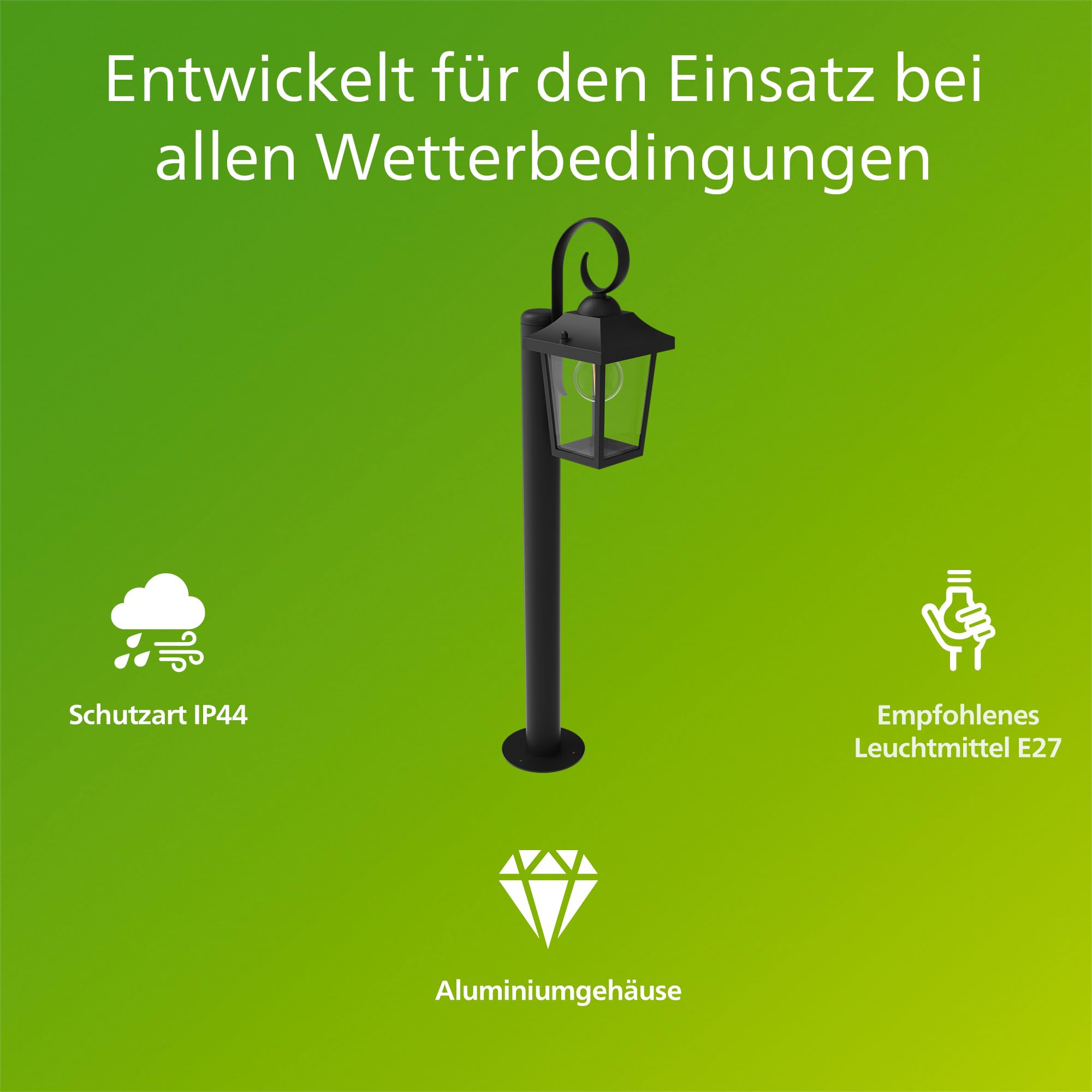 Philips Buzzard Außen-Sockelleuchte + E27 LED-Lampe, warmweißes Licht, IP44-wetterfest, langlebig, Aluminium, klassisches Design, schwarz
