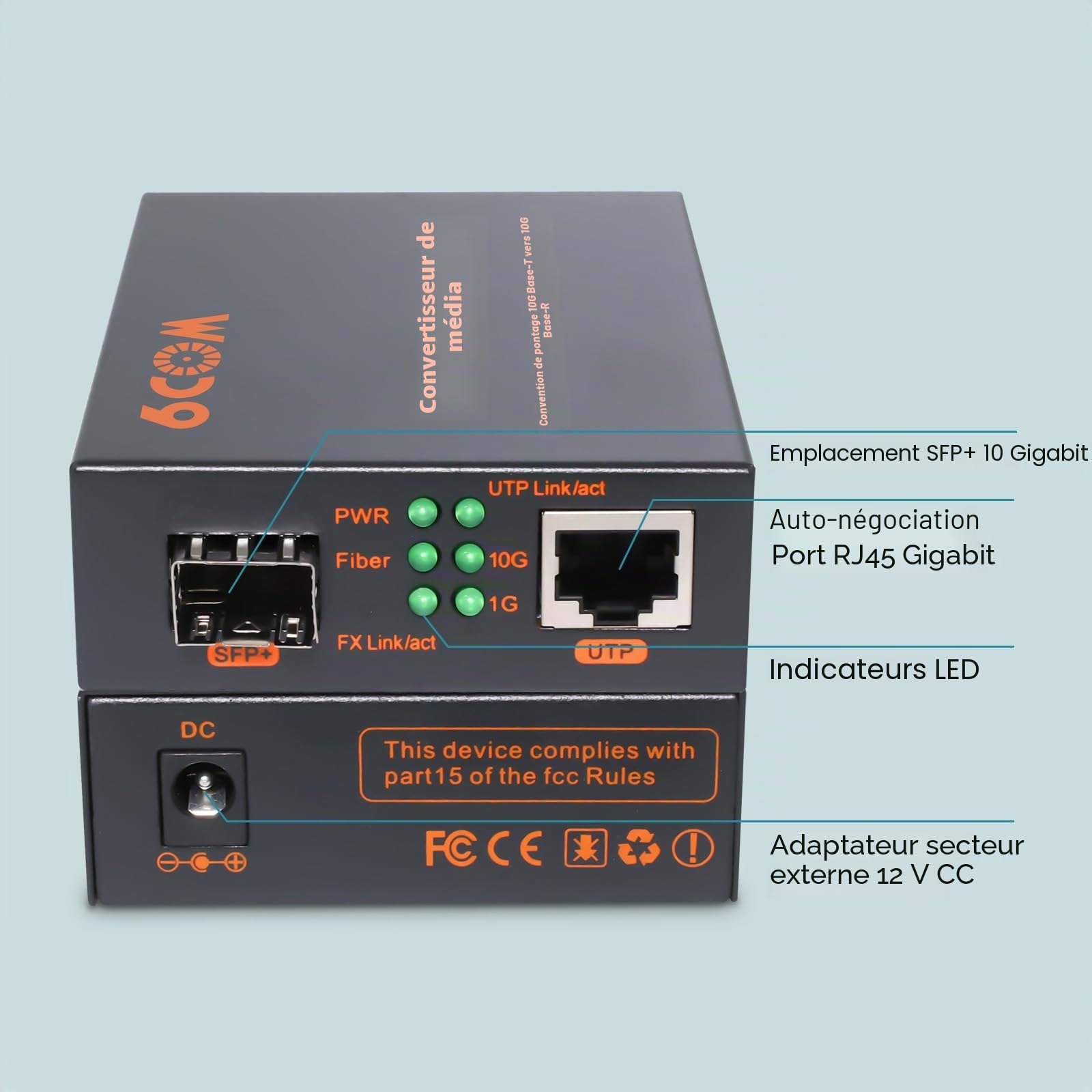 Convertisseur de média fibre 10G SFP vers RJ45, 1 fente RJ45 auto-négociation 1000M/2.5G/5G/10GBase-T vers 1 fente SFP+ 10GBase-X, prend en charge l'émetteur-récepteur 10GBase-SR/LR/ER/ZR