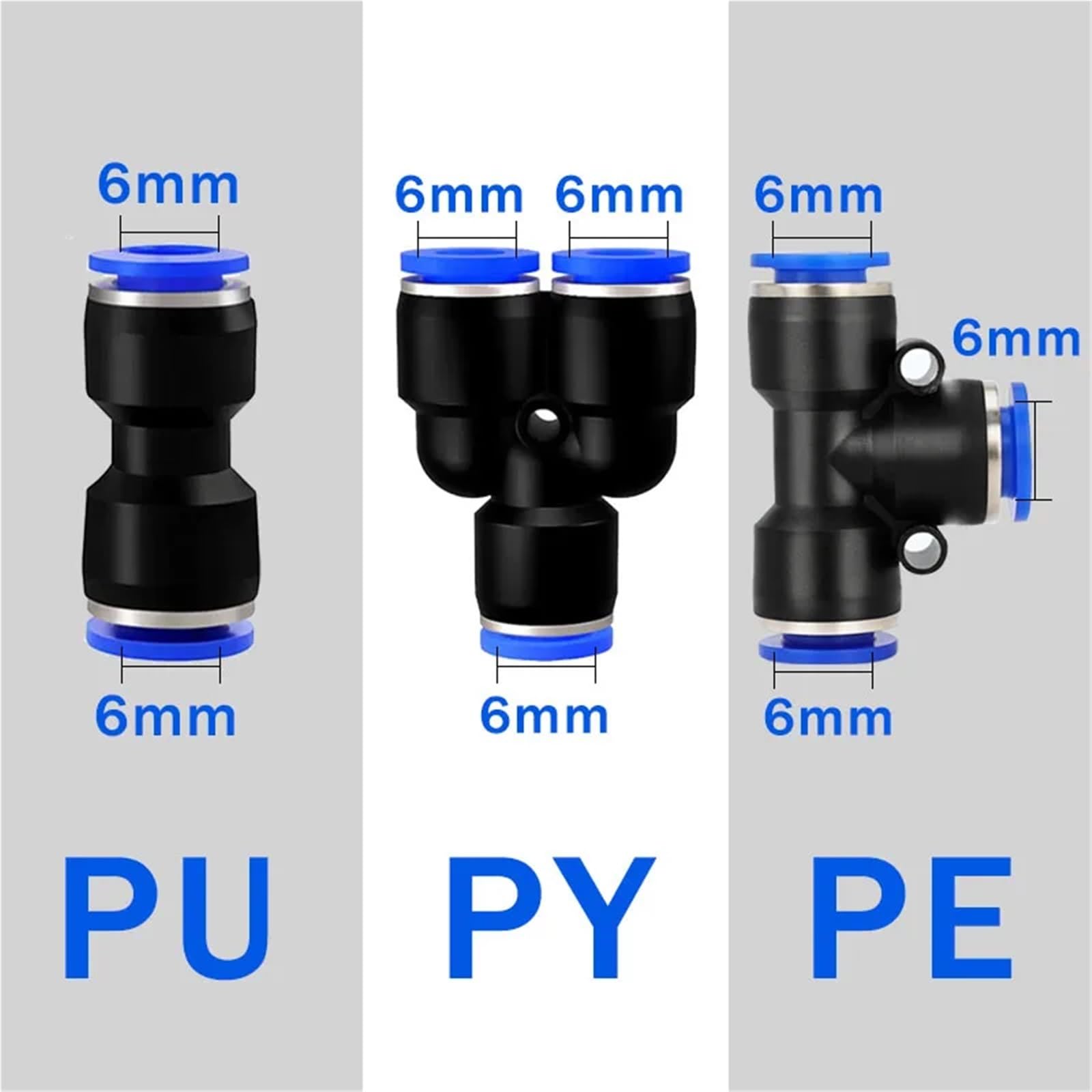 Conectores neumáticos de aire de 4, 6, 8, 10 y 12 mm, conexión rápida en T, 3 vías, de plástico, 100 unidades, PE, PU, ​​PG, PY, PW(6mm(100pcs),PE)