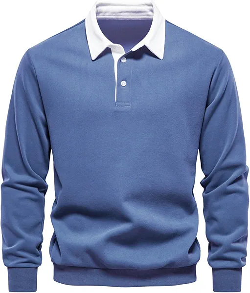 Men's Long Sleeve Polo Shirts Slim-fit Cotton Rugby Shirt Basic Color Spliced Designed Sweatshirt