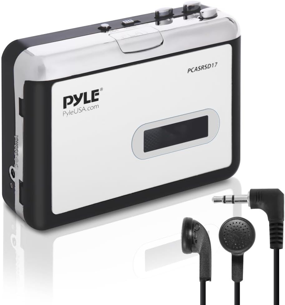 Pyle 2-in-1 Cassette-to-MP3 Converter Recorder - USB Walkman Cassette Player - Portable Battery Powered Tape Audio Digitizer with 3.5mm Audio Jack Headphones- Pyle (PCASRSD17) , White