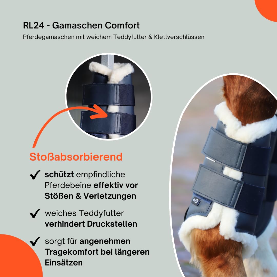 RL24 - Gamaschen Comfort – Pferdegamaschen mit weichem Teddyfutter & Klettverschlüssen – anatomisch geformt & stoßabsorbierend – Gamaschen für Pferde in dunkelblau – Größe L
