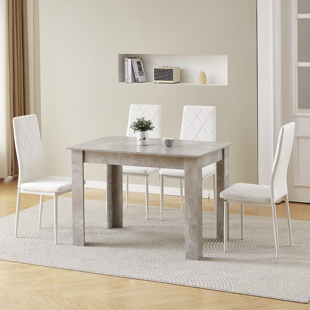 Menaka Wood Dining Table and Chairs Set of 4, Small Rectangular Kitchen Dinner Table with 4 Seaters (argyle grid white velvet chairs, 110cm grey marble table, 4 seaters)