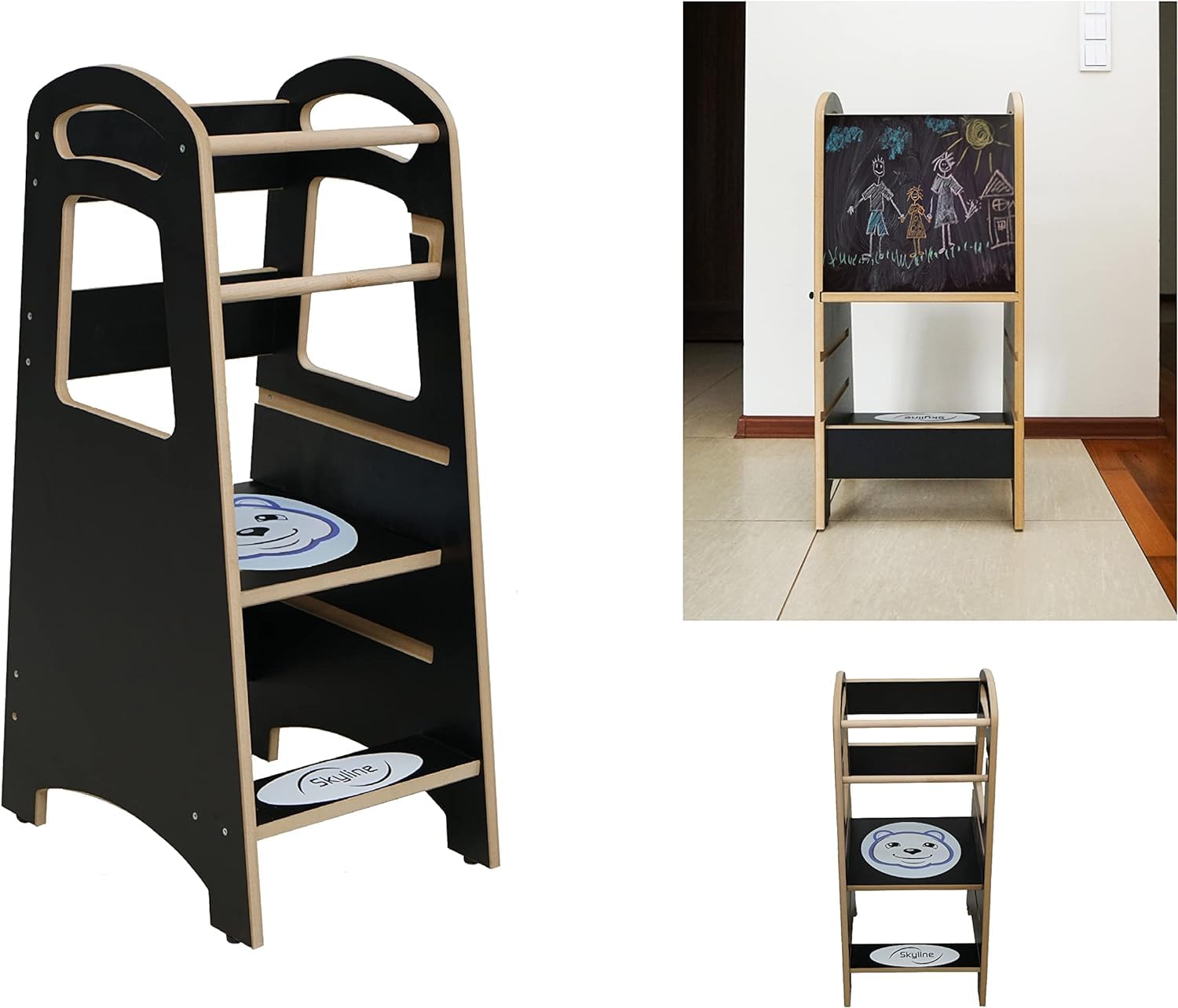Skyline Torre di Apprendimento Libreria Montessoriana per Bambini Scaletta Pieghevole Tavolino Sedia Torretta Pieghevoli Scrivania Sgabello Tavolo Kitchen Helper Learning Tower nero/orsacchiotto