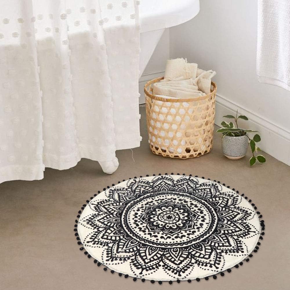 Buy Uphome 2ft Round Small Area Rug With Chic Pom Pom Fringe Luxury Mandala Boho Velvet Bathroom Rugs Soft Non Slip Floor Carpet Bedroom Living Room Decorative Machine Washable Online In Indonesia B08238pm5k
