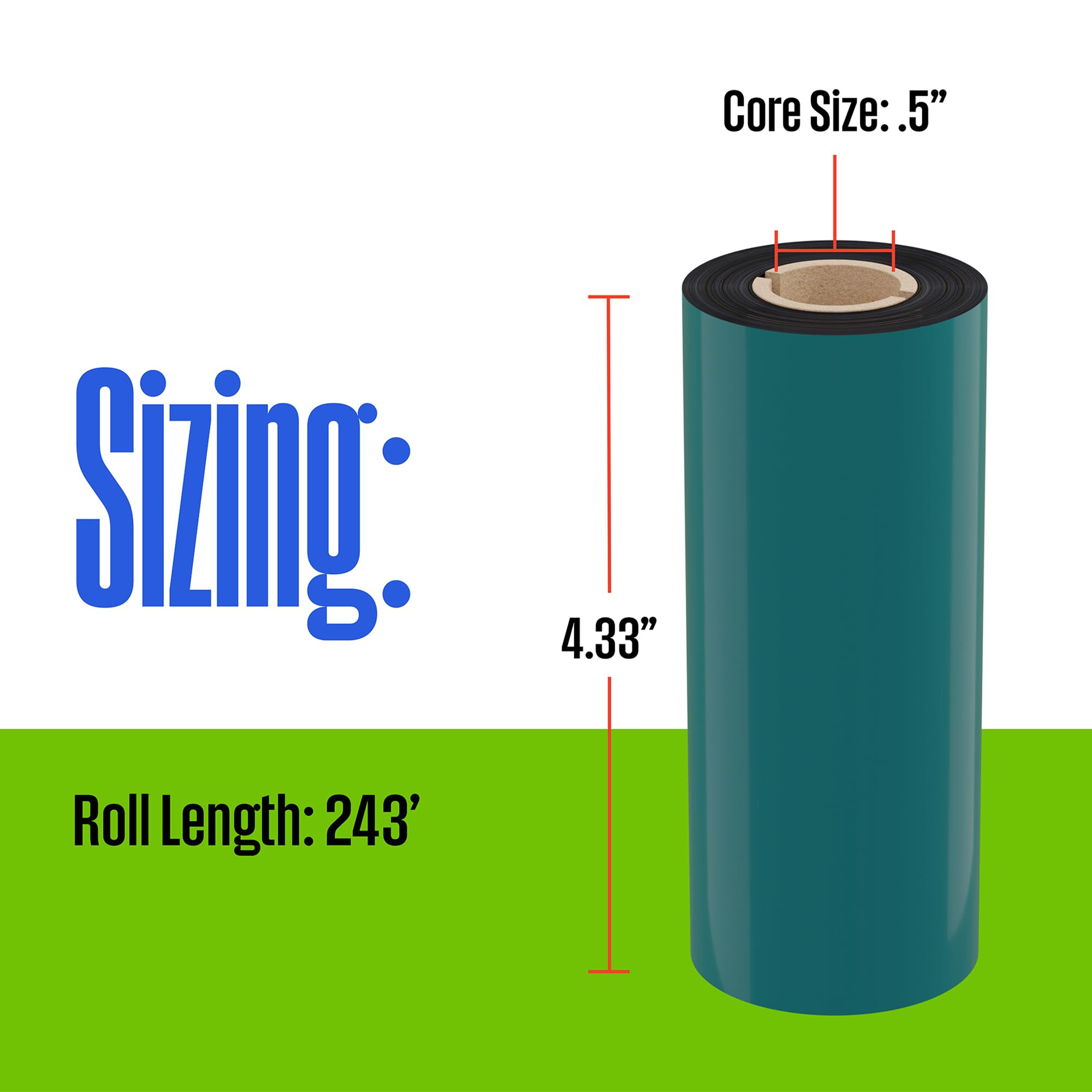Westinghouse Cinta de transferencia térmica, negra, 12 rollos, núcleo de 0.5 pulgadas, 4.33 pulgadas x 243 pies, cera premium, mejorada con resina, cinta de cera lateral de tinta para impresoras