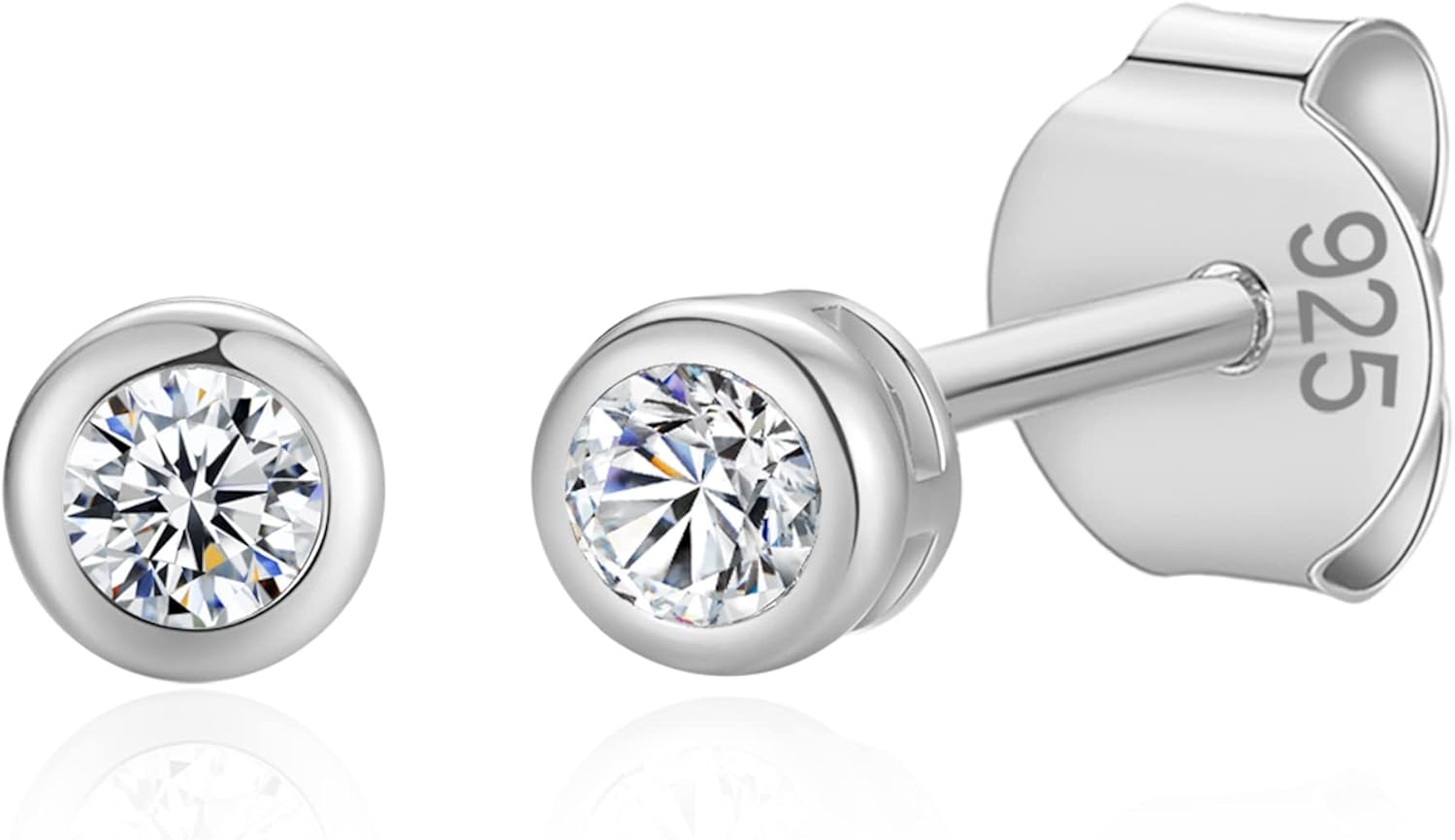 14K Gold Plated 925 Sterling Silver Cubic Zirconia Round Bezel Set Stud Earrings, 2mm to 4mm Stone