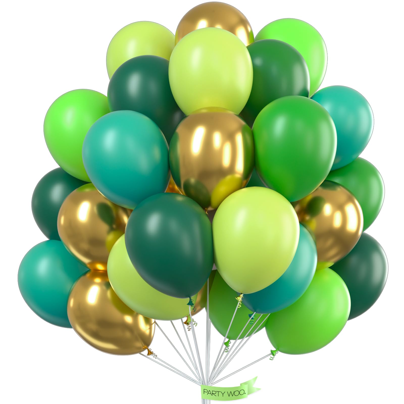 PartyWoo Green Balloons, 60 pcs 12 Inch Lime Balloons, Dark Green Balloons, Lime Green Balloons, Hunter Green Balloons, Assorted Green Balloons, Green and Gold Balloons for Green Birthday Decorations