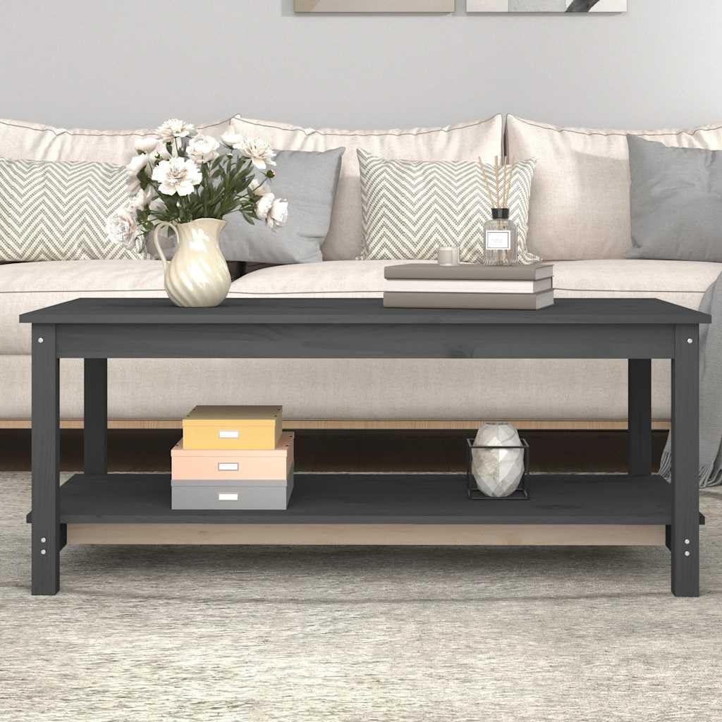 Générique Stolik kawowy z litego drewna sosna szary 110x55x45 cm | Dwupoziomowa konstrukcja, otwarta półka, stabilna rama, uniwersalne zastosowanie w salonie