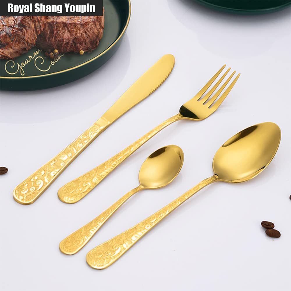 Unique Pattern Relief Cucina in Acciaio Inox Argenteria Da Tavola Flatware Posate Set Bistecca Coltello Forchetta Cucchiaio (Oro,16 pezzi)