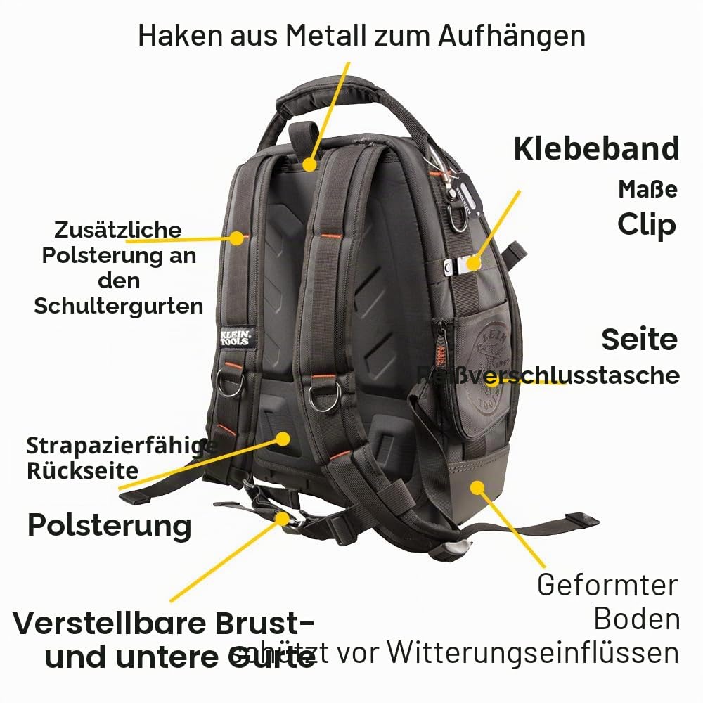 Klein Tools 55485 Werkzeug-Rucksack | 48 Fächer | Strapazierfähiger Elektriker-Rucksack mit Hartschalenboden | Abnehmbare Werkzeugtasche | Wasserdichtes Bodenfach | Profi-Qualität