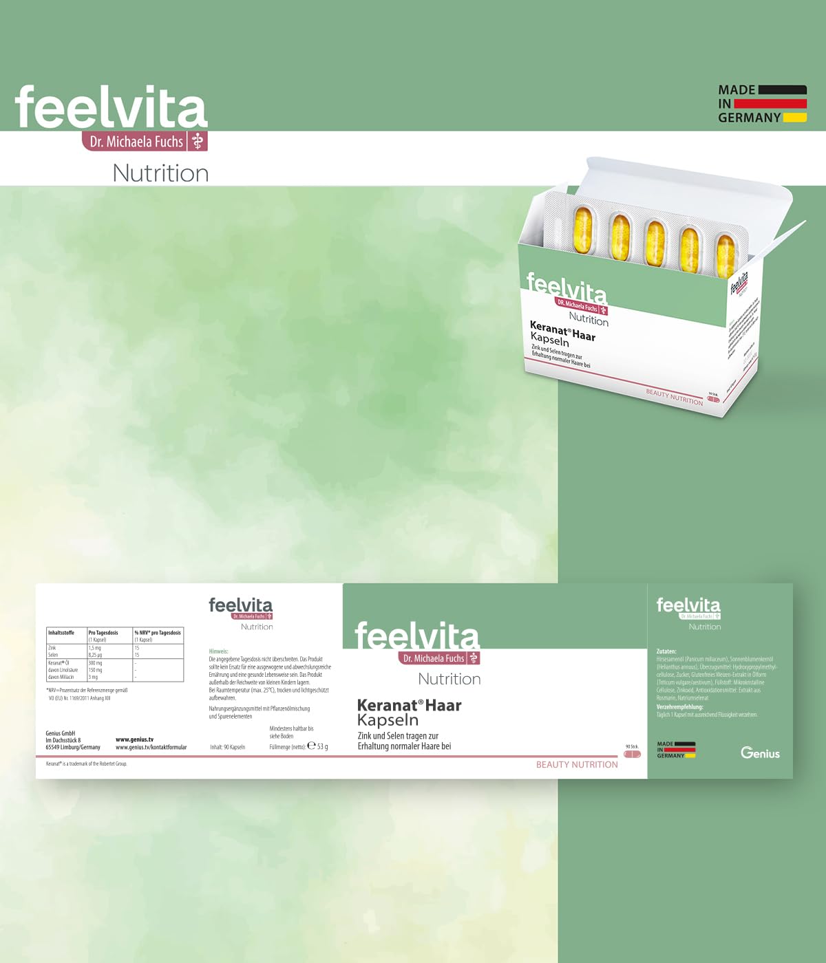 Genius Feelvita Nutrition Keranat Haar Kapseln 3-Monatsvorrat (90 Kapseln)