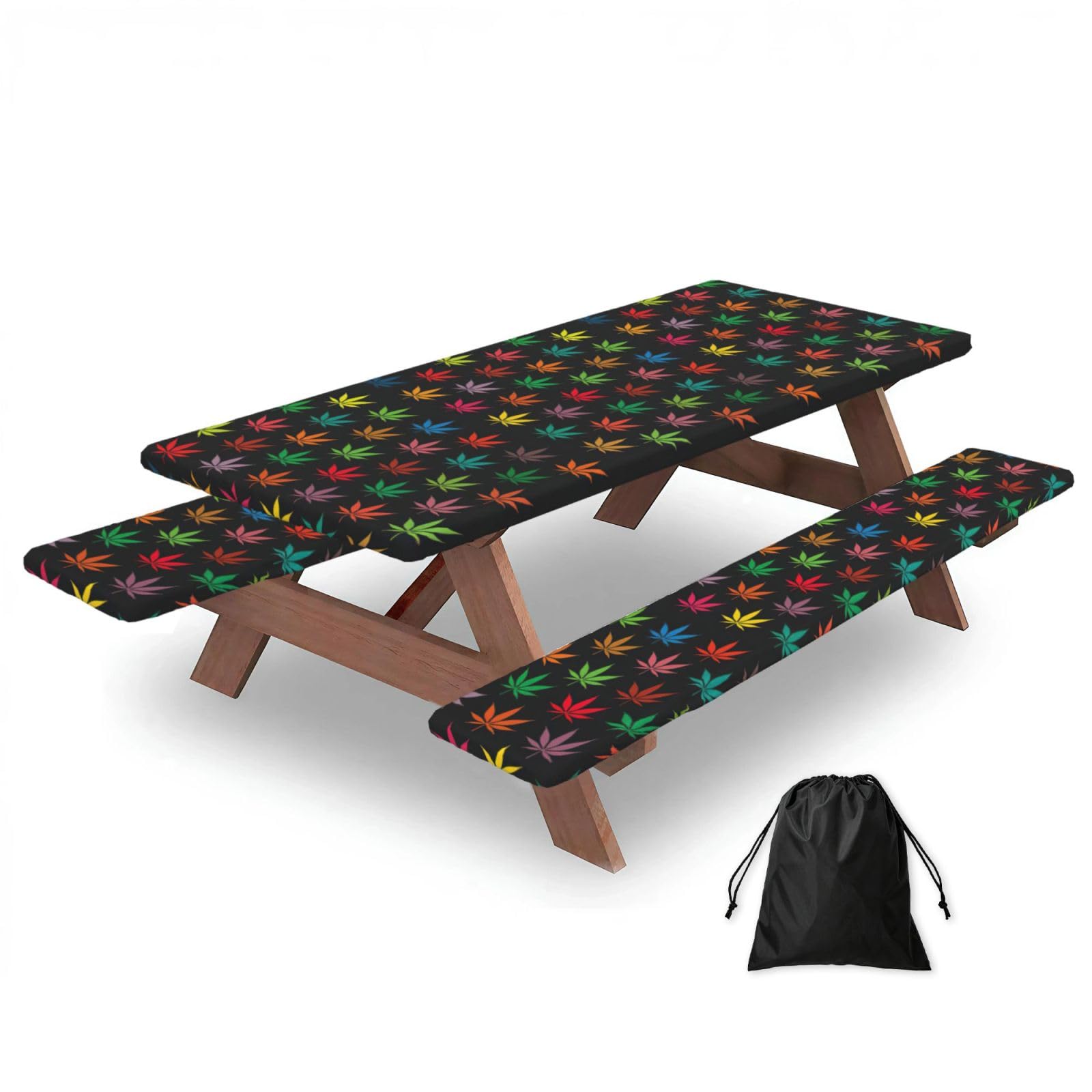 Zyjhyy Black Colorful Cannabis Leaves Print Party Table Covers With Bench Covers Set Of 3 Picnic Table Cloth Wipe Clean For Garden Camping