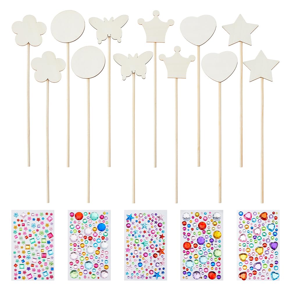 SUPERFINDINGS Princess Fairy Wands Kit Include 24Pcs 6 Styles Wooden Fairy Wands and 6 Gem Stickers Unfinished Wooden DIY Magical Crafts Princess Art Magical Show for Party Supplies