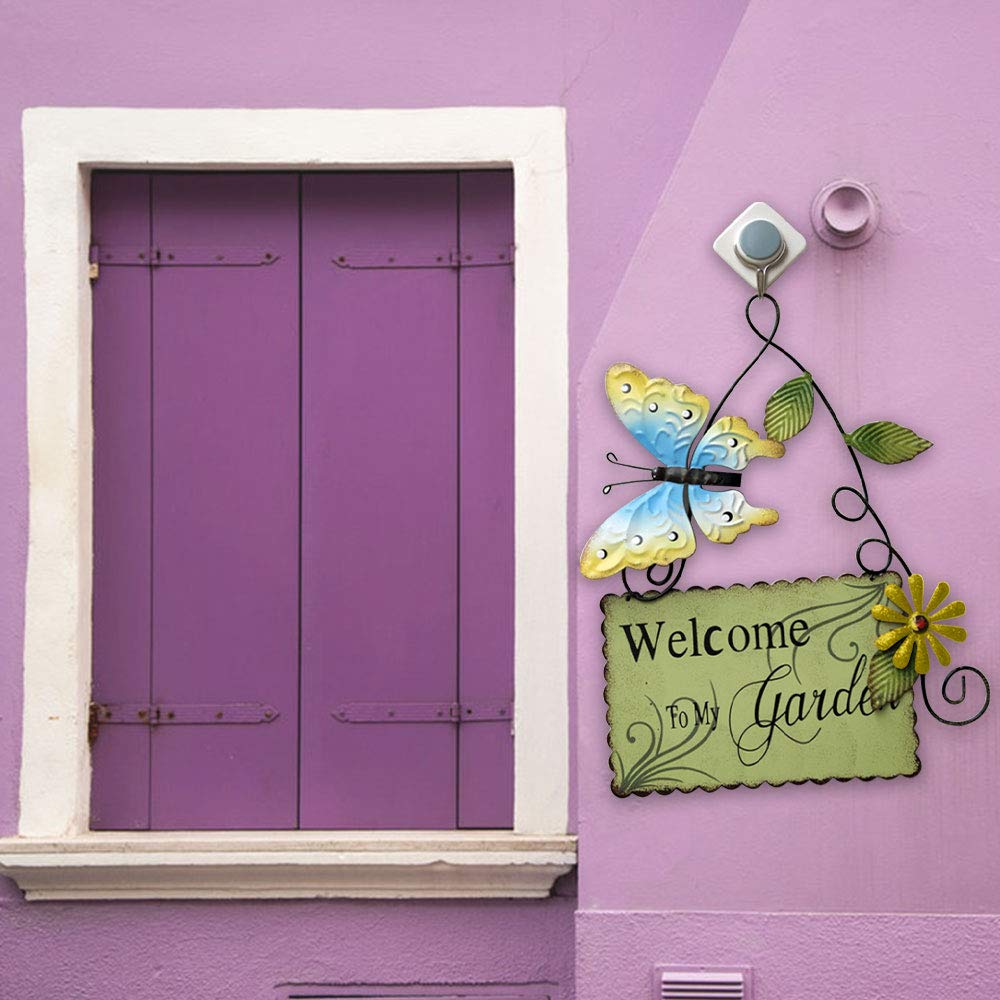 cartello di benvenuto da giardino con scritta in lingua inglese "Welcome to My Garden", in metallo da appendere, con farfalla, decorazione da parete per esterni, giallo, 18cm x 30cm