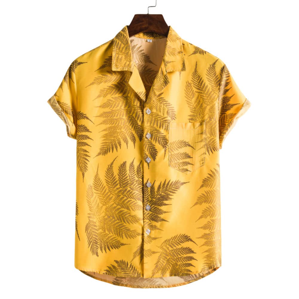 Camisa Hawaiana Hombre, Camisa Hawaiana Para Hombre Y Pantalones Cortos De Playa Hawaianos Conjunto De Hojas De Plantas Amarillas De Algodón Trajes De Hawaii Camisa De Playa De Manga Corta Casual Y