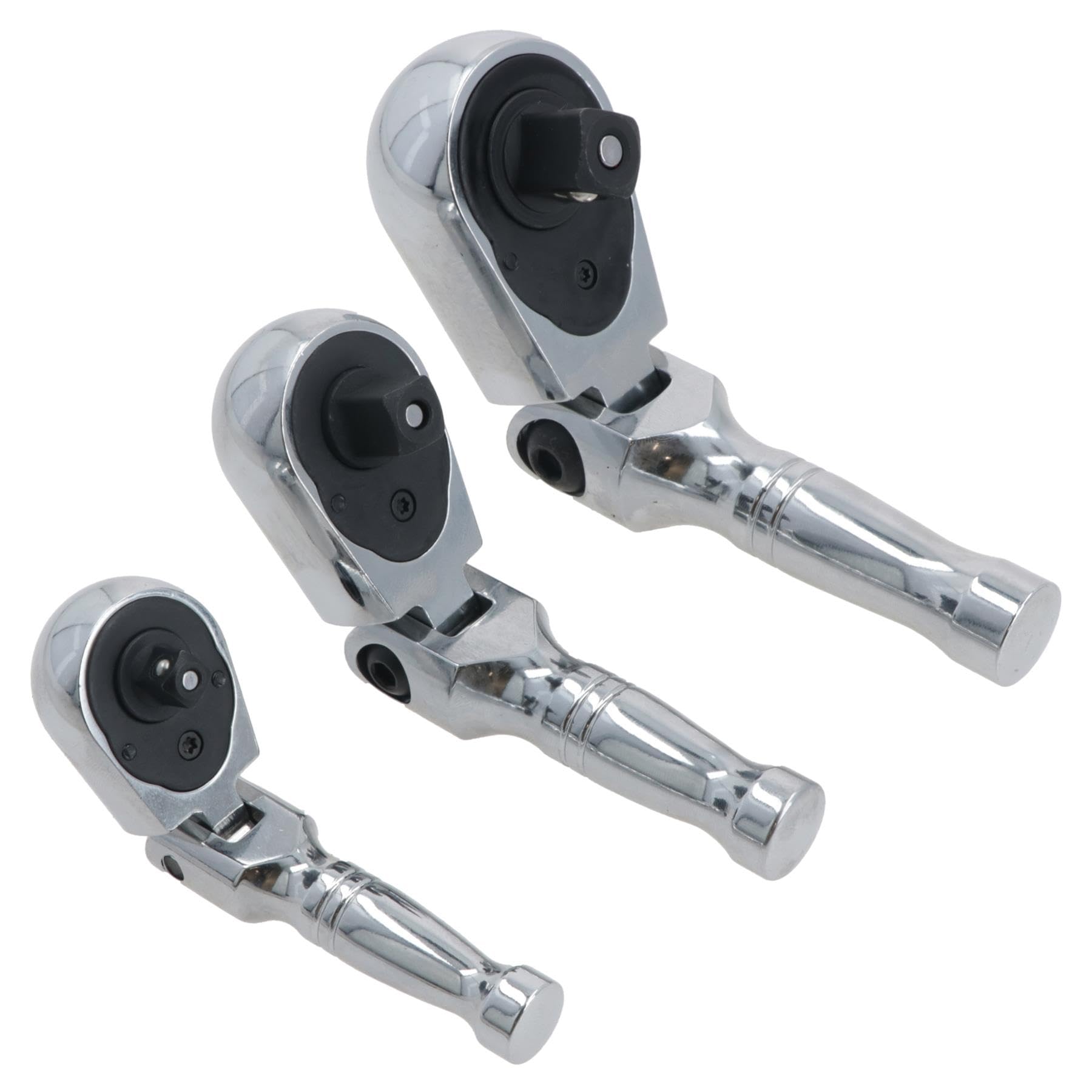 Stubby Flexi Headed Ratchet Set Socket Driver Reversible 1/4in 3/8in 1/2in 3pc