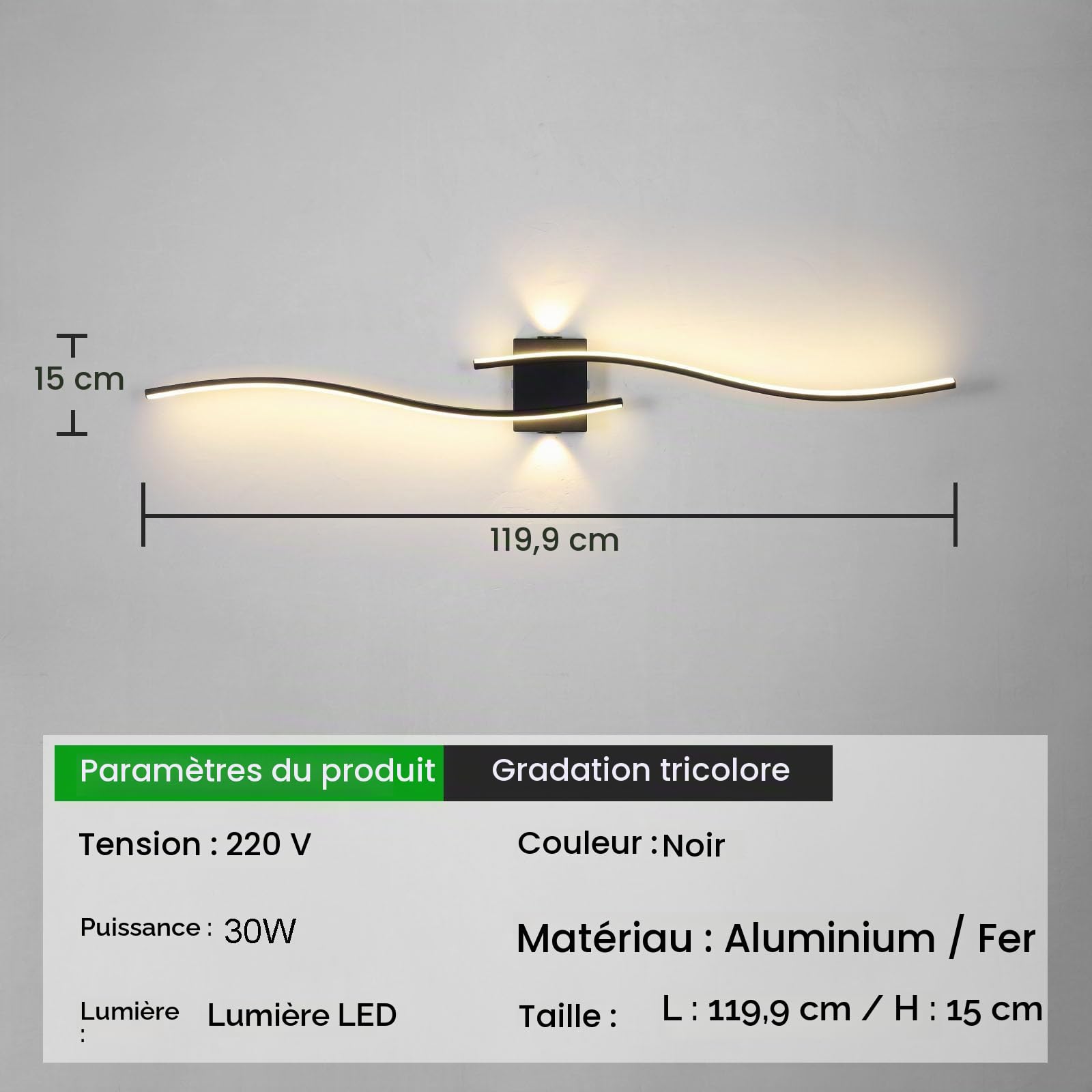 Noir Applique Murale IntéRieure,120Cm Lignes Simples Lampe Murale Led Dimmable,Luminaires IntéRieur Applique Pour Chambre Salon Couloirs Escalier Alle à Manger,3000-6000K Appliques