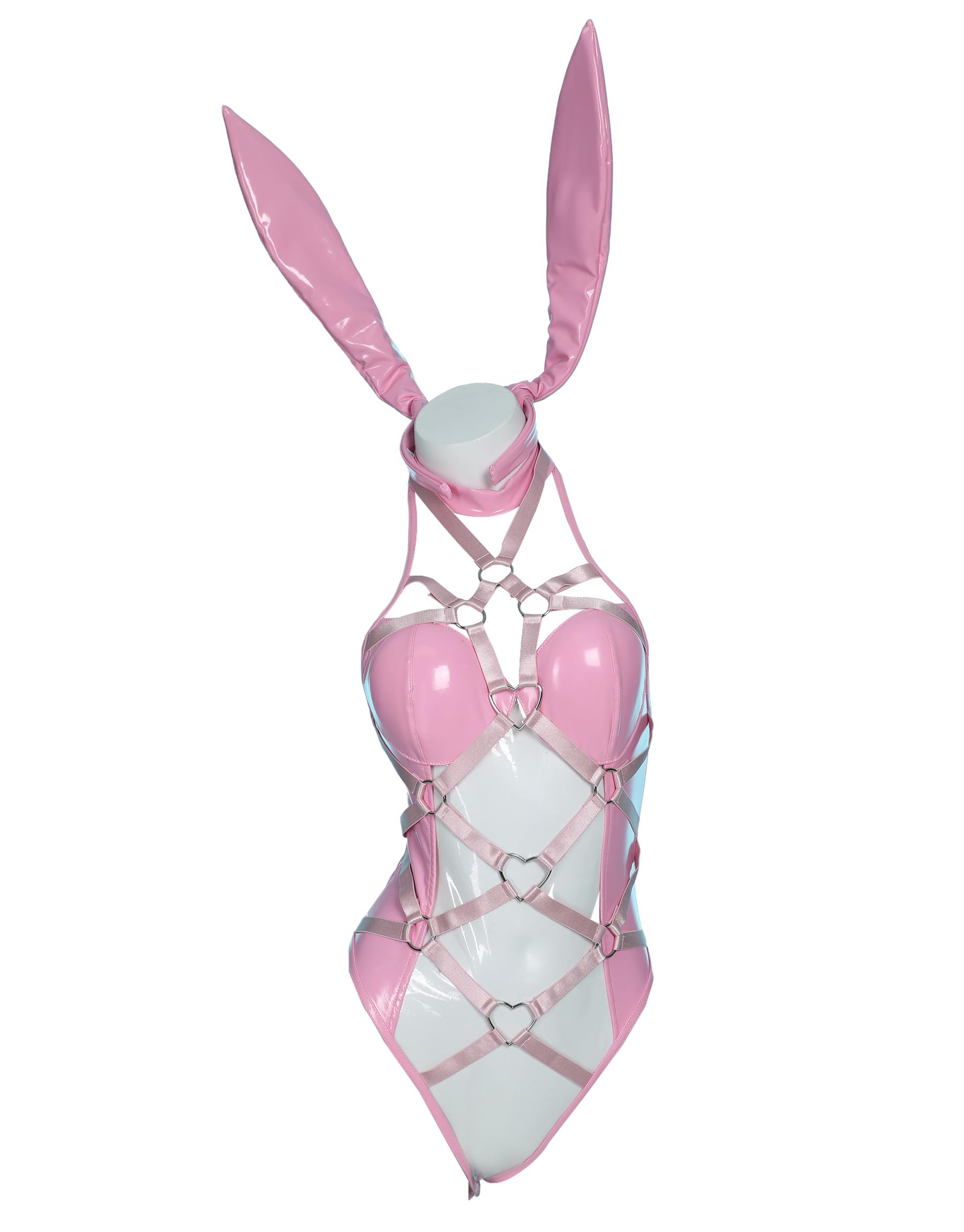 Mobbunny Women's Pink Bunny Girl Costume Heart Ring linked Bondage Lingerie Set Transparent Bodysuit: Small Pink