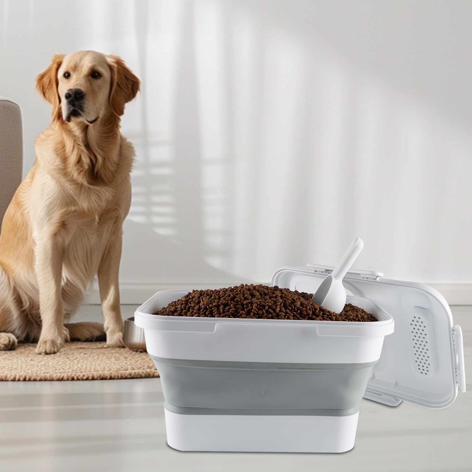 Conteneur pour nourriture pour chiens, 10 kg, pour chiens et chats, avec cuillère, pliable, pour aliments pour animaux domestiques, pour conserver les aliments pour animaux