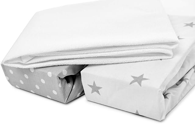 Peek-A-Boo Chicco Next2Me Crib Fitted Sheets, 3 Pcs Set 83x50cm, Lullago, GRACO, Snuzpod etc. 2x Sheets + 1x Waterproof Mattress Protector, 100% Oeko-Tex Cotton, White Polka Dots and Grey Stars