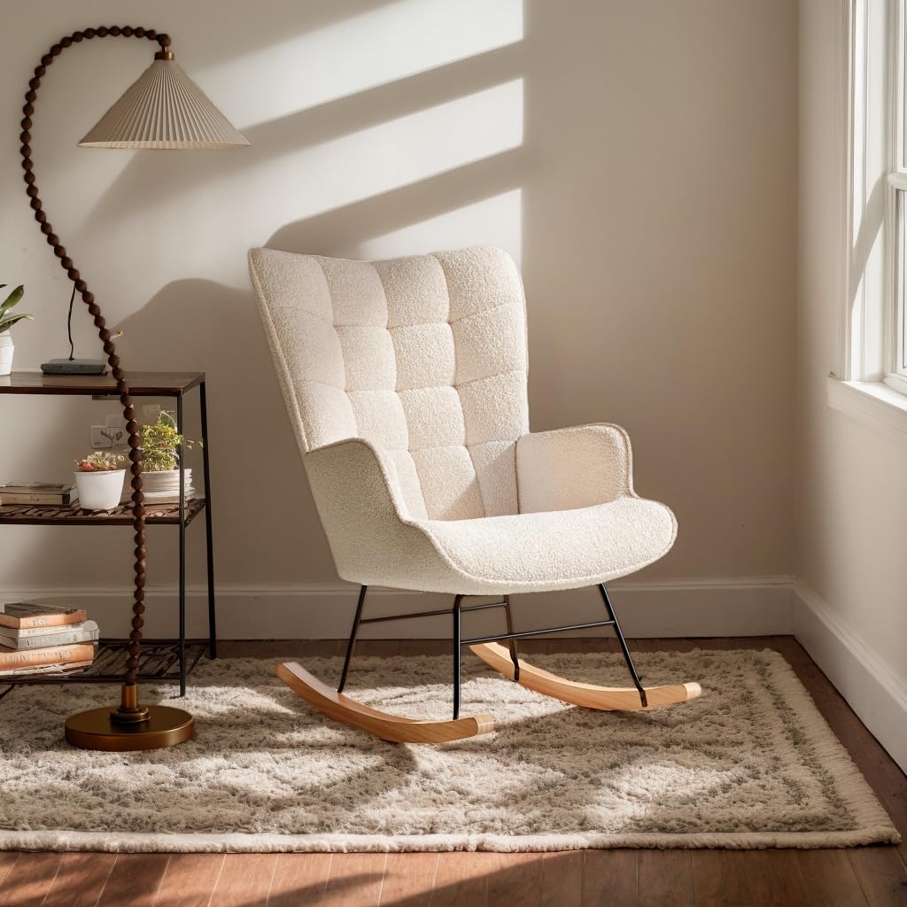 Silla mecedora para adulto, Rocking Chair, sillón de lactancia de peluche Teddy, silla mecedora, sillón salón con reposabrazos, para dormitorio, sala de estar, beige (Beige)