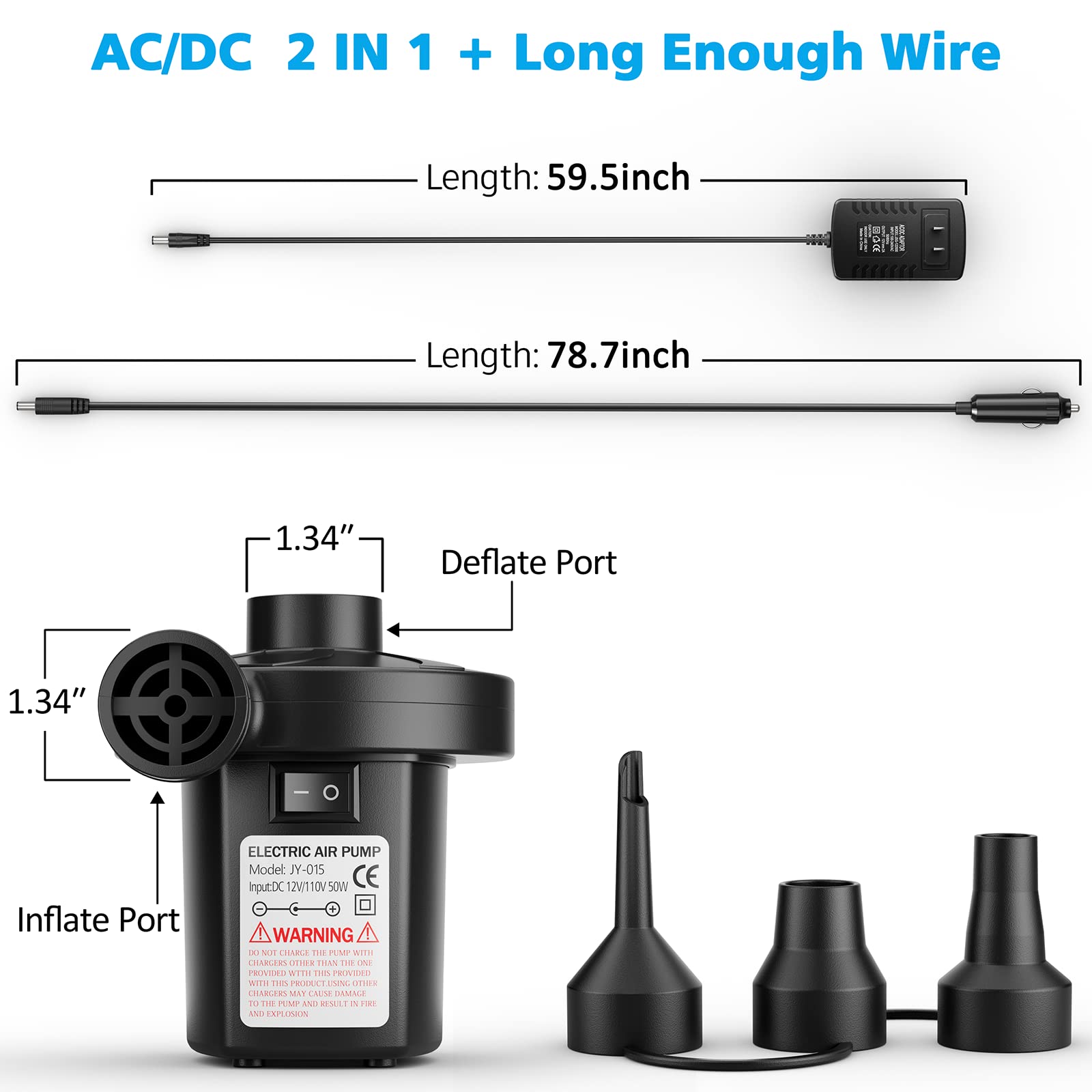 Electric Air Pump for Inflatables,Portable Quick-Fill Air Pump with 3 Nozzles,110V AC/12V DC,Inflator & Deflator Pumps for Outdoor Camping,Air Mattress Beds,Boats,Inflatable Cushion,Couch,Pool Floats