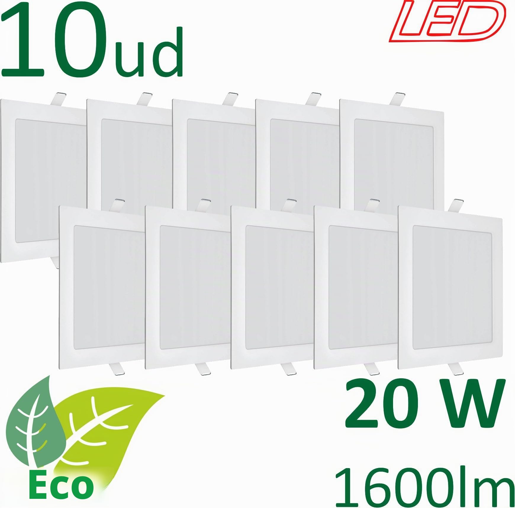 VZLED - Downlight LED 20W empotrar cuadrado, Plafón techo led cuadrado extraplano, Plafón cocina LED, Lámpara techo, Luz blanco frío 6500K (Pack 10)