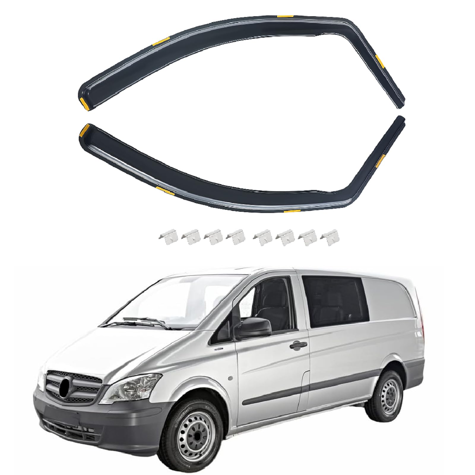 Lot de 2 déflecteurs de vent et de pluie compatibles avec Mercedes Viano Vito W639 2003-2014, autocollant, pour fenêtre de voiture, protection contre la pluie, gris fumé, avant, aérodynamique
