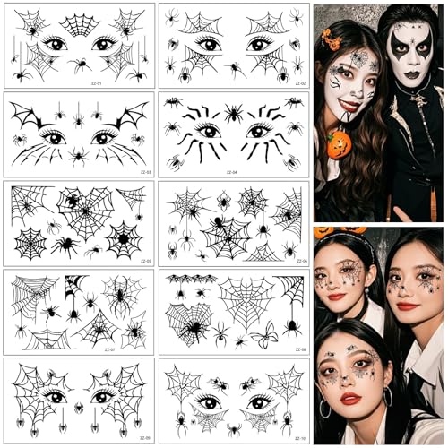 Tatuagens temporárias de aranhas e aranhas, 10 folhas autocolantes para rosto e corpo, ideais para maquilhagem de Halloween, festas, carnaval, disfarces para adultos e crianças - fácil aplicação e