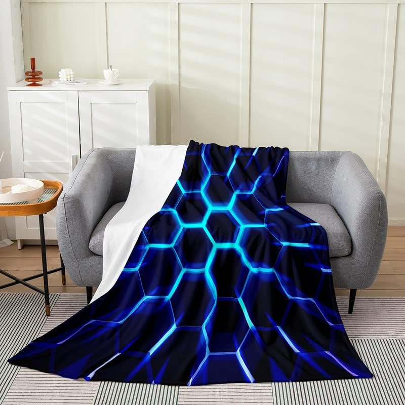 Honeycomb Flannel Fleece Throw Blanket,Hexagonal Bed Blanket Geometrical Blue Fuzzy Blanket for Bed Sofa Couch,Bedroom Decor Beehive Plush Blanket Simplistic Queen 90"x90" Multi 16 Queen