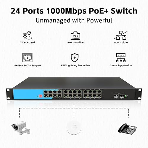 Miniatura 3 de Switch PoE Gigabit de 24 puertos no administrado, con 24 puertos PoE+ y 2 ranuras SFP, alimentación incorporada de 300 W, compatible con