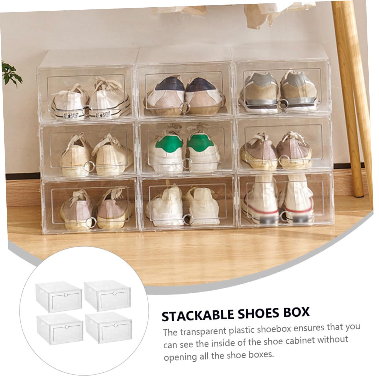 Caja Plegable para Zapatos Transparente Apilable 4 Piezas Pp | 33 X 24x14cm, para Hogar y Dormitorio, Organización de Calzado y Fácil Localización
