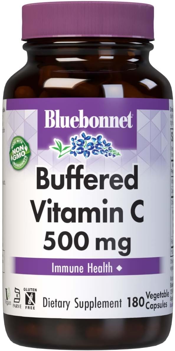 BlueBonnet Nutrition Buffered Vitamin C-500 mg Vegetable Capsules, Buffered Calcium Ascorbate, For Immune Health, Soy Free, Gluten Free, Non-GMO, Kosher, Dairy Free, Vegan, 180 Vegetable Capsules ('743715005693)