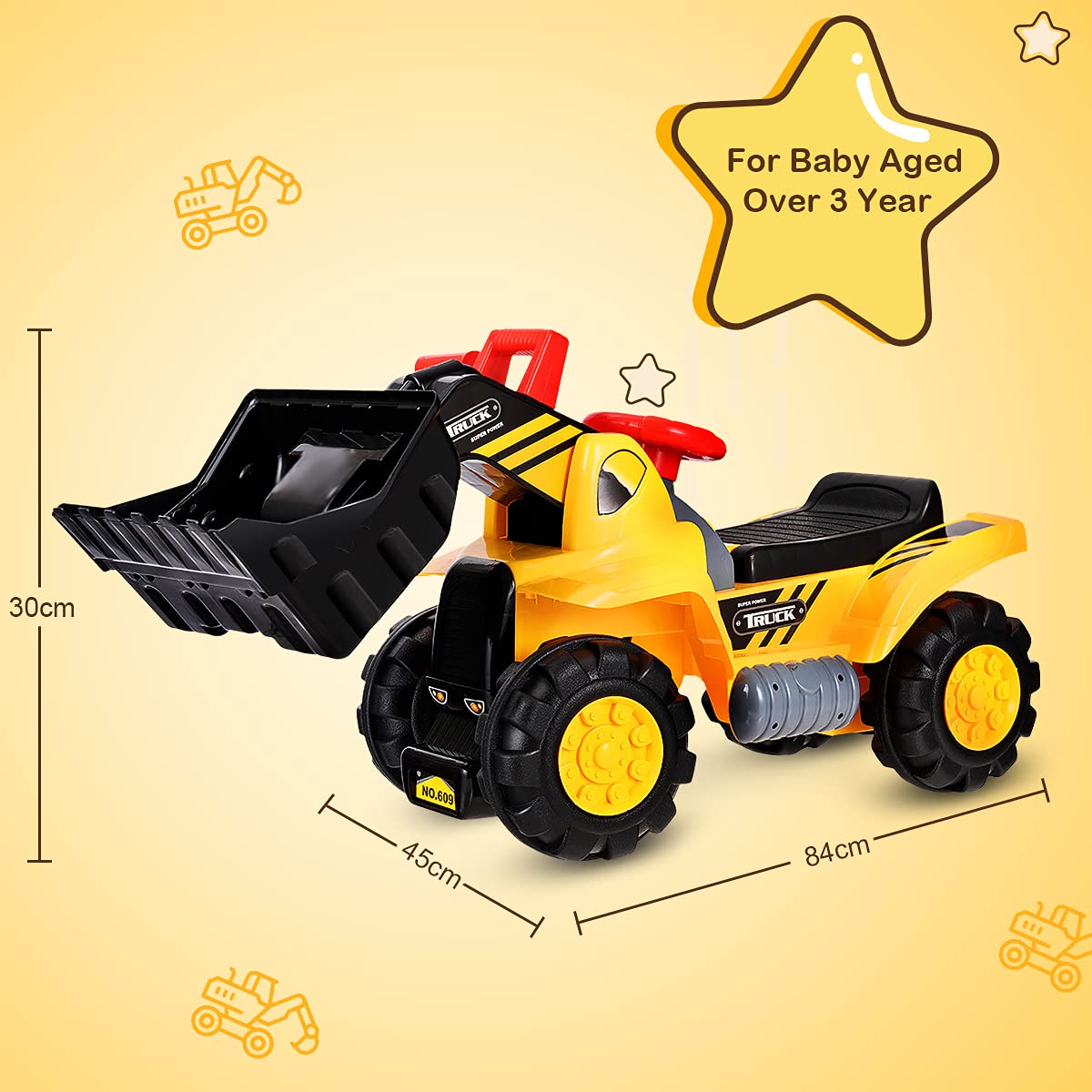 RELAX4LIFE Sitzbagger Kinder, Kinderbagger, Spielzeugbagger mit Schaufel & Lenkrad & Soundtasten & Staufach, Rutscher Bagger bis 25 kg belastbar, für Kinder ab 3 Jahren, inkl. 3 Steine, Helm