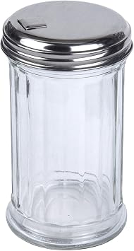 BNYD Glass Sugar Shaker Dispenser Pourer, 5.5 inch | Clear glass shaker bottle with steel pour spout. Multi-purpose tabletop dispenser for granulated sugar, cheese, or spices.