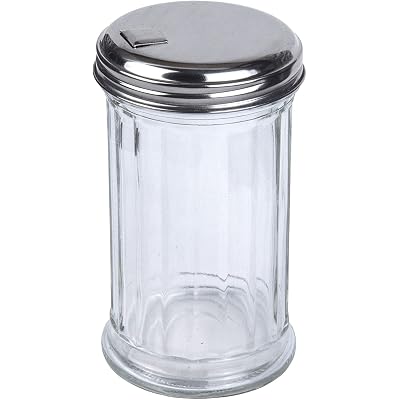 BNYD Glass Sugar Shaker Dispenser Pourer, 5.5 inch | Clear glass shaker bottle with steel pour spout. Multi-purpose tabletop dispenser for granulated sugar, cheese, or spices.