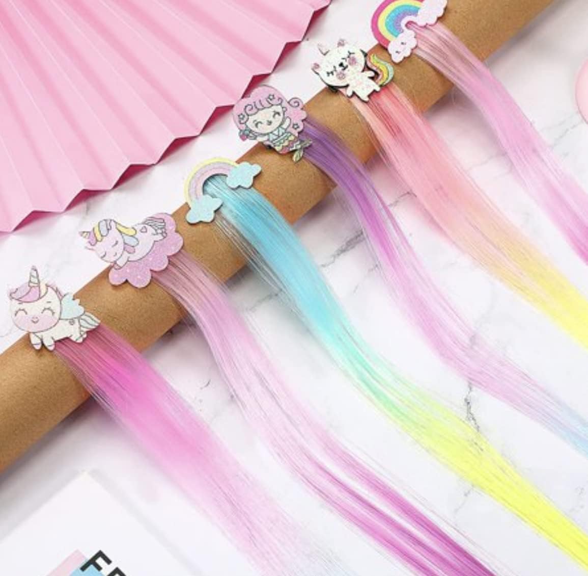 Elastikidz 3 pcs ombre Colored Artificial Nylon Rainbow Color Hair Extensions/Hair Tinsel With Cartoon Alligator Clip/Artificial Highlighter For Girls/Kids (Pack Of 3)-image-11